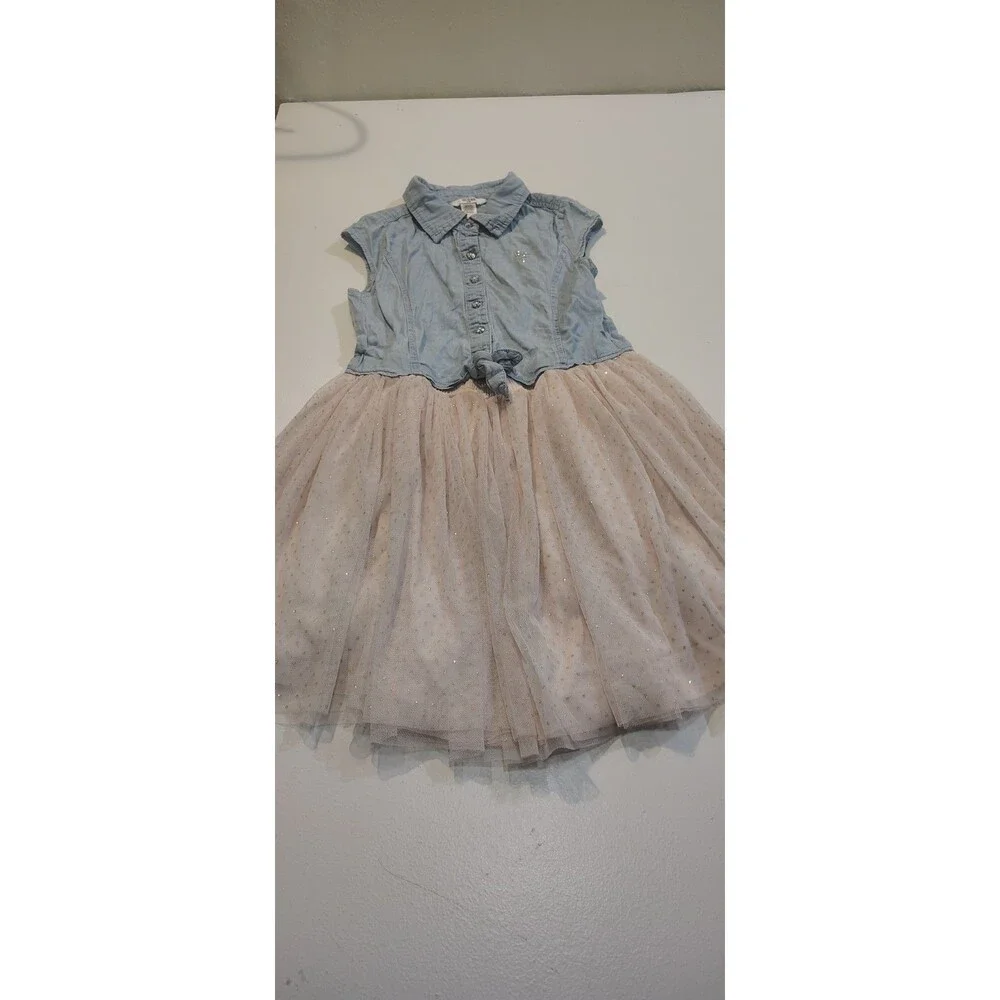 Guess Girl dress denim top tulle skirt size L(14) sparkles button front